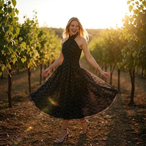 Shoshanna Olivia Metallic Scallope Mesh Halter Neck Black Dress Size 2 - Picture 14 of 14